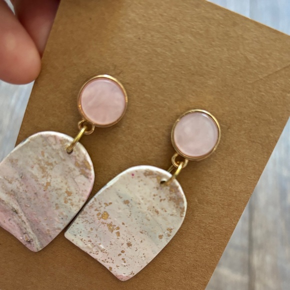 Handmade Polymer Clay Pink Marble Arch Drop Earrings with Gold Accents - Picture 5 of 5